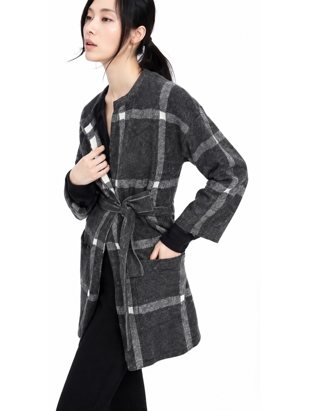 Banana Republic Merino Wool Blend Plaid Belted Cardigan Gray XS Lightweight